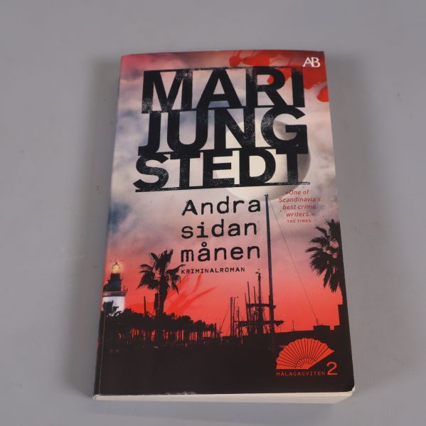 Framsidan av Andra sidan månen av Mari Jungstedt med palmer och färgstarkt omslag