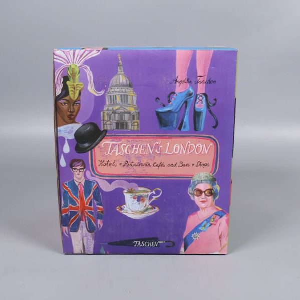Framsida av Taschen's London guide i lila med illustrationer