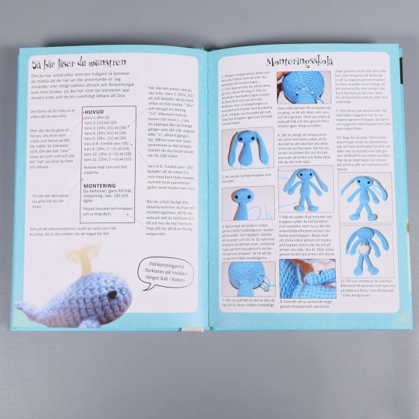 Uppslag med instruktioner för att läsa mönster och montering av amigurumis