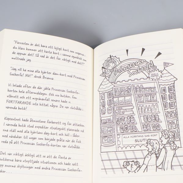 Uppslag ur boken med illustration av butik och handskriven text