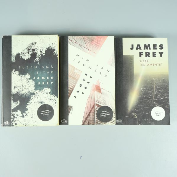 Framsida på tre böcker: Tusen små bitar, Min vän Leonard och Sista testamentet av James Frey