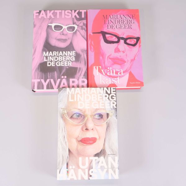 Tre böcker av Marianne Lindberg De Geer med färgstarka omslag och tydliga boktitlar