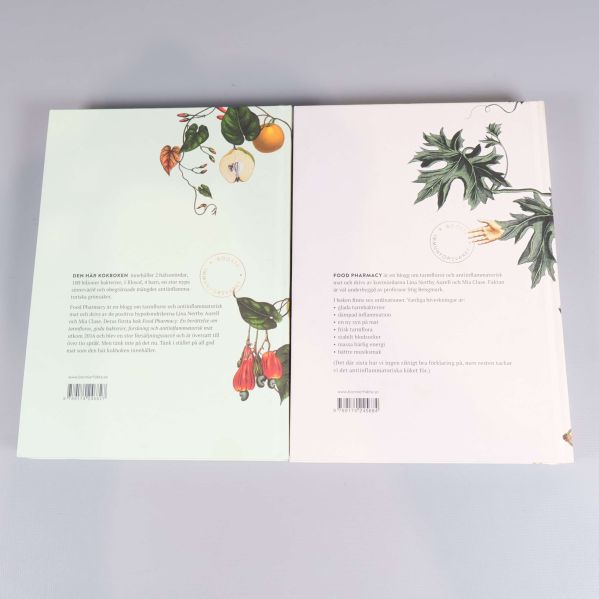 Baksidor av Food Pharmacy-böcker med beskrivningar och ISBN