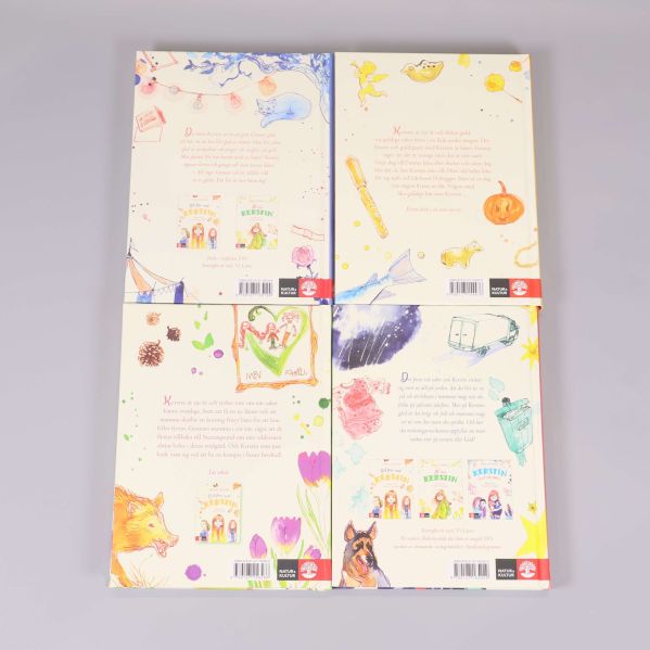 Baksidor av fyra Kerstin-böcker med illustrationer och text