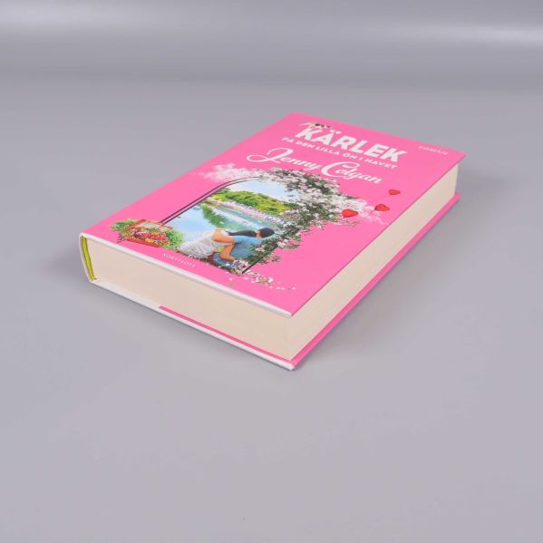 Boken Kärlek på den lilla ön i havet sedd från hörnet med synlig bokrygg och omslag