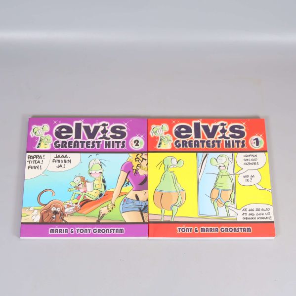 Framsidan av Elvis Greatest Hits 1 och 2 med tecknade karaktärer och serierutor