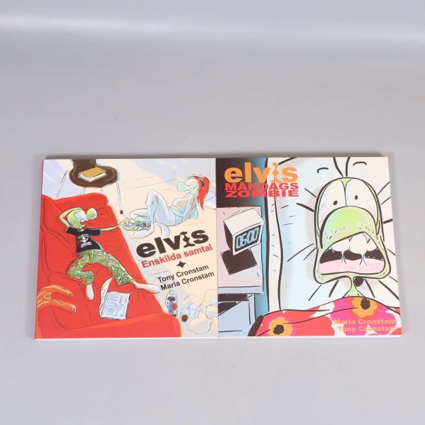 Framsidor av två seriealbum med Elvis, tecknade figurer i vardagsmiljö