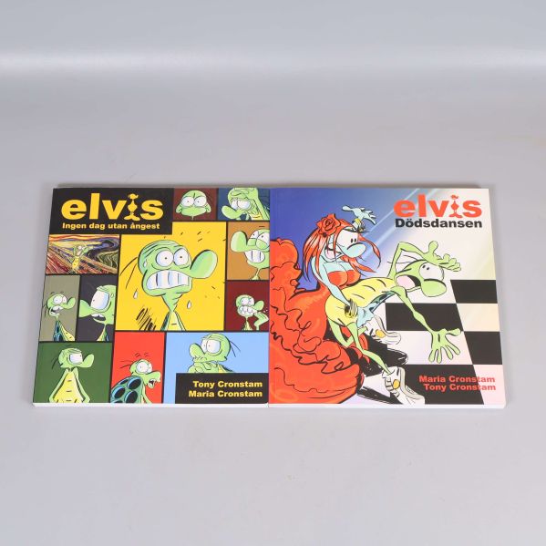 Framsidor av två Elvis-album med tecknade figurer i färg