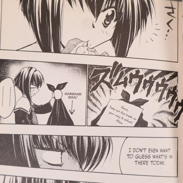 Närbild på inlaga från Chibi Vampire manga, svartvita serierutor