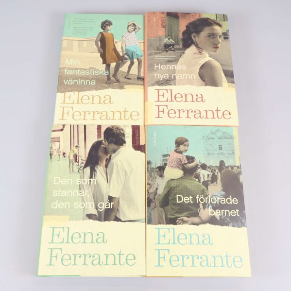Fyra böcker av Elena Ferrante liggande i ett rutmönster med omslagen synliga