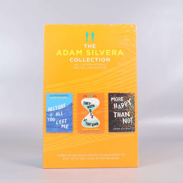 Baksida av The Adam Silvera Collection med omslagen av de tre böckerna illustrerade