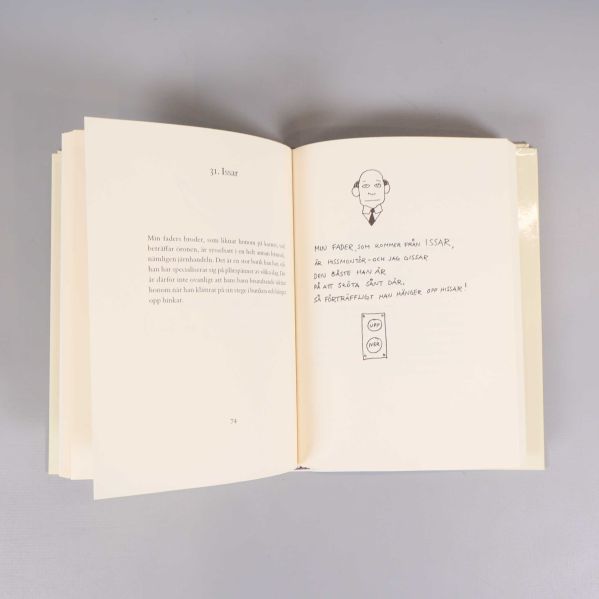 Uppslag i Hans Alfredson bok, text och illustrationer synliga
