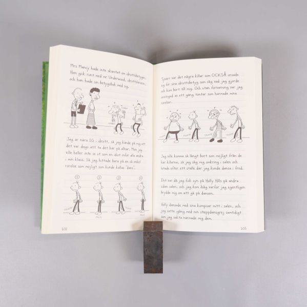 Uppslag med svartvita illustrationer och lättläst text i kapitelbok
