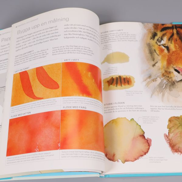 Uppslag som visar tekniker och exempel på akvarellmålning i boken