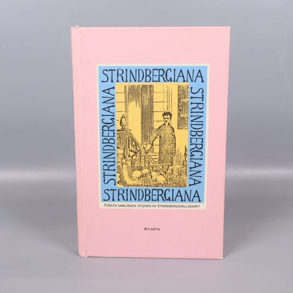 Framsidan av boken Strindbergiana i rosa med blå och gul illustration