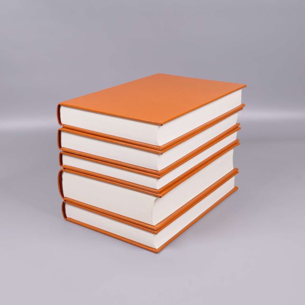 Fem vita sidor staplade i orange bokomslag, snedvy
