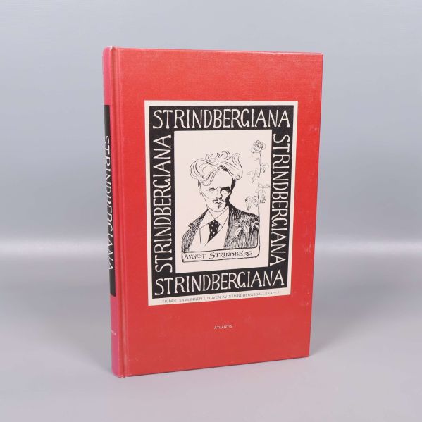Strindbergiana bok med rött omslag och illustration av Strindberg