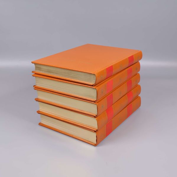 Staplade orange böcker med synliga sidor