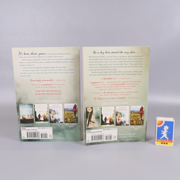 Baksidor av böckerna Where She Went och If I Stay med ISBN och författarfoton