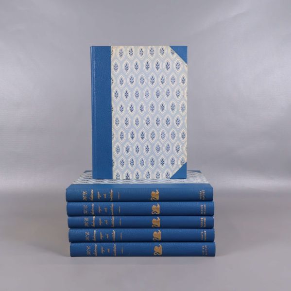 Framsida av bokpaketets översta bok, blå och vit design