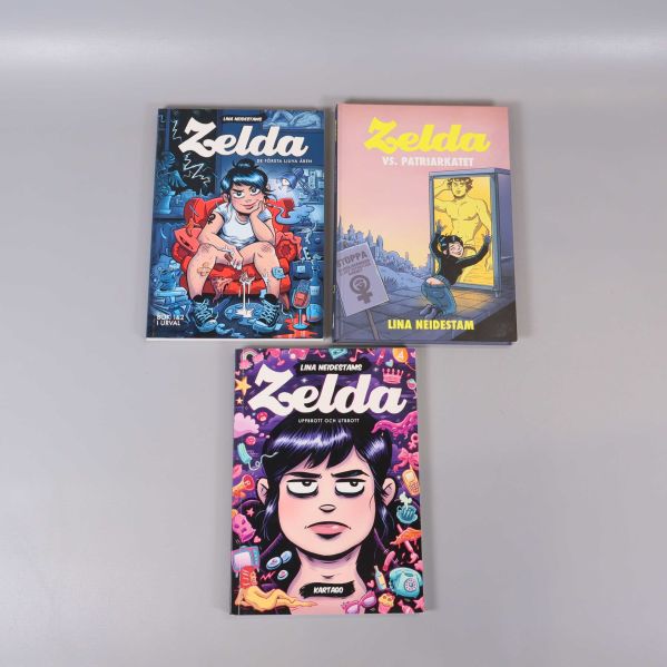 Tre Zelda-serieböcker av Lina Neidestam med färgstarka omslag