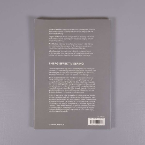 Baksida av boken Energieffektivisering med text och ISBN