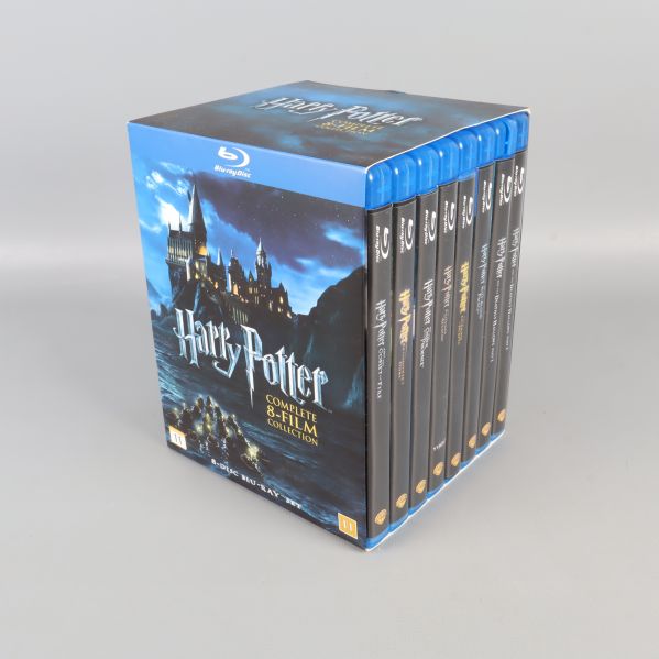 Harry Potter blu-ray box från sned vinkel med alla fodral