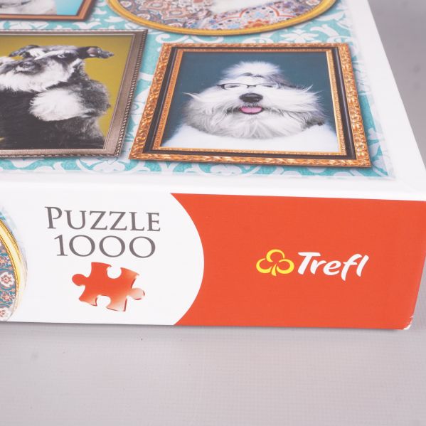Närbild av Trefl-logotyp och text Puzzle 1000 på askens hörn