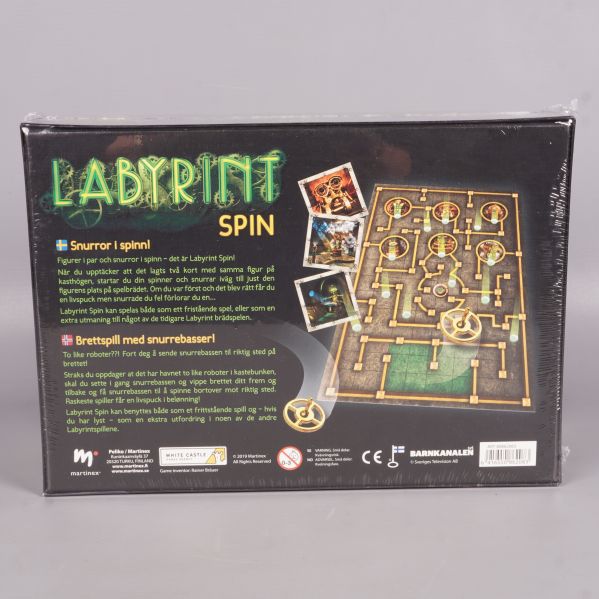Baksida av Labyrint Spin med spelregler och komponenter