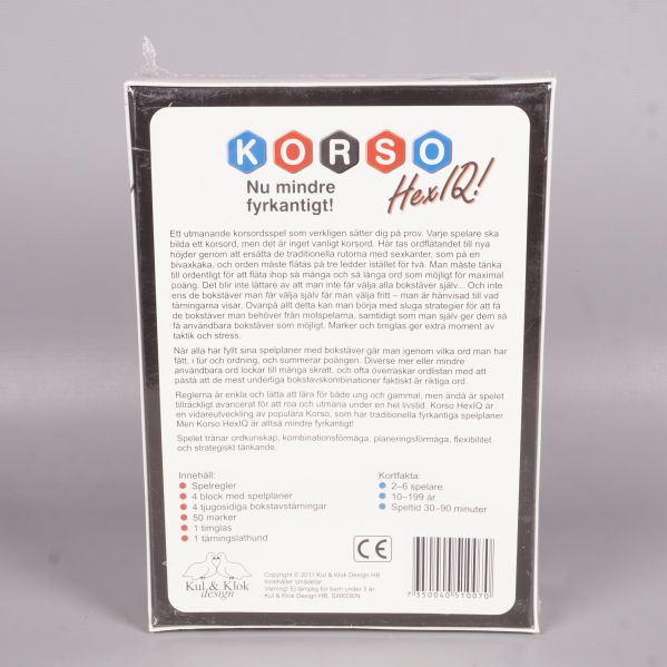 Baksidan av Korso HexIQ-asken med innehållsbeskrivning