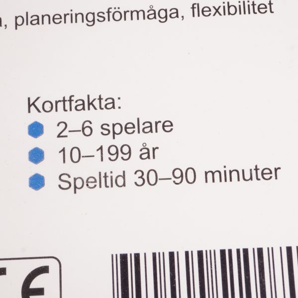 Närbild på baksida visar kortfakta om antal spelare, ålder och speltid