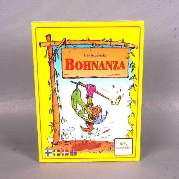 Framsidan på Bohnanza-spelaskar med färgstark tecknad figur och logotyp