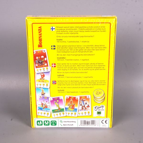 Baksida på Bohnanza-låda med text, symboler och bild på spelkort