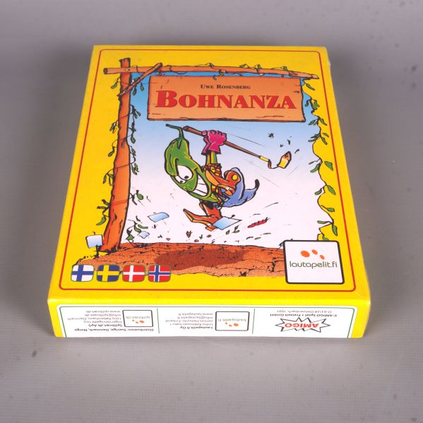 Bohnanza spelask fotograferad ovanifrån med illustrerad framsida