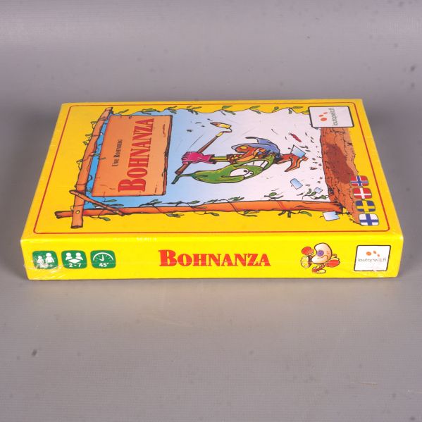 Sidan av Bohnanza-lådan med logotyp och spelikoner