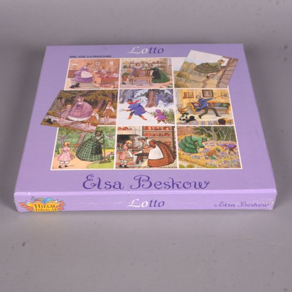 Snedvy på lottospelets låda med motiv och texten Elsa Beskow