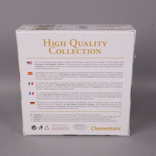 Baksidan av pusselbox med text och varumärke Clementoni