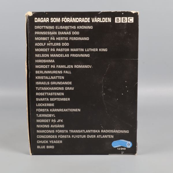 Sidovy av DVD-box med listade historiska händelser