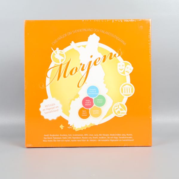 Framsida av spelasken Morjens med karta och cirkelelement