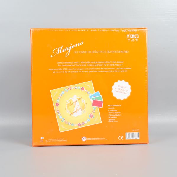 Baksida på sällskapsspelet Morjens med spelregler
