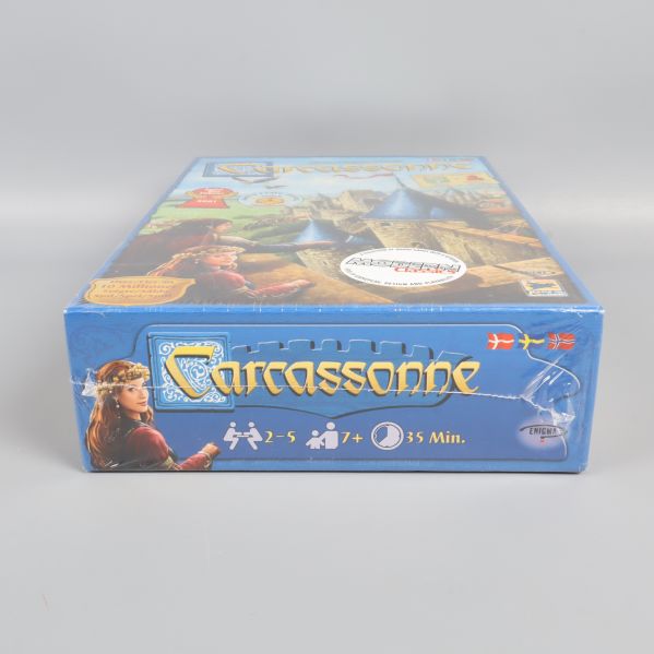 Carcassonne-spellådans framsida liggande med tydlig logotyp