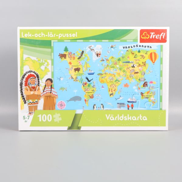 Framsida av kartong med världskarta och illustrationer