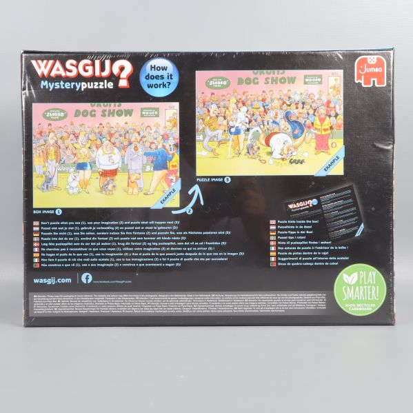 Baksida av Wasgij pusselask med instruktioner och exempelbilder