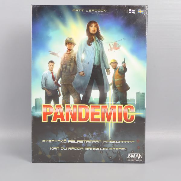 Framsidan på Pandemic med fyra karaktärer mot ljus bakgrund