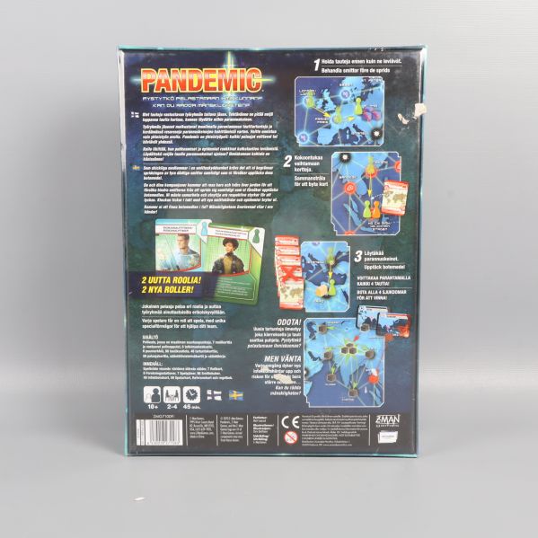 Baksidan av Pandemic med spelinstruktioner och komponentbilder