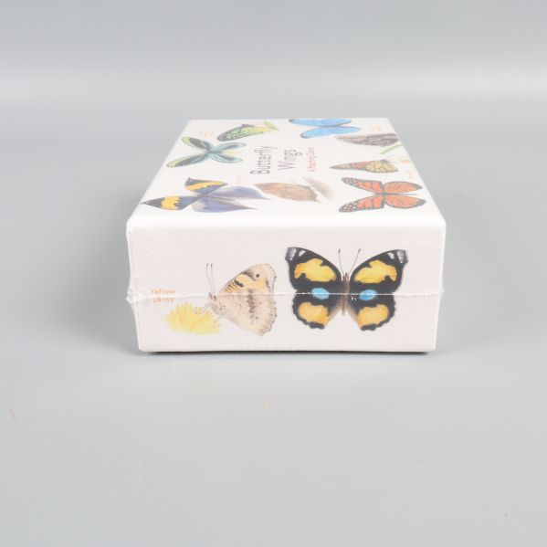 Vit spelbox dekorerad med olika fjärilar i färg