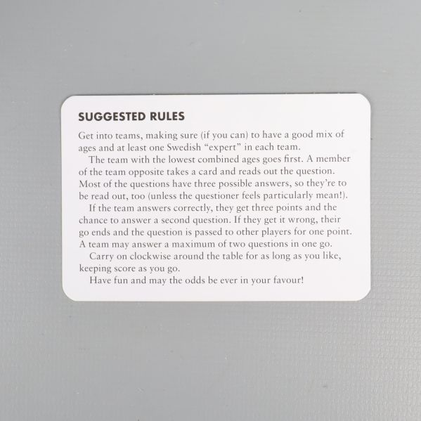 Spelregel-kort från quizspelet Sweden the quiz game på engelska