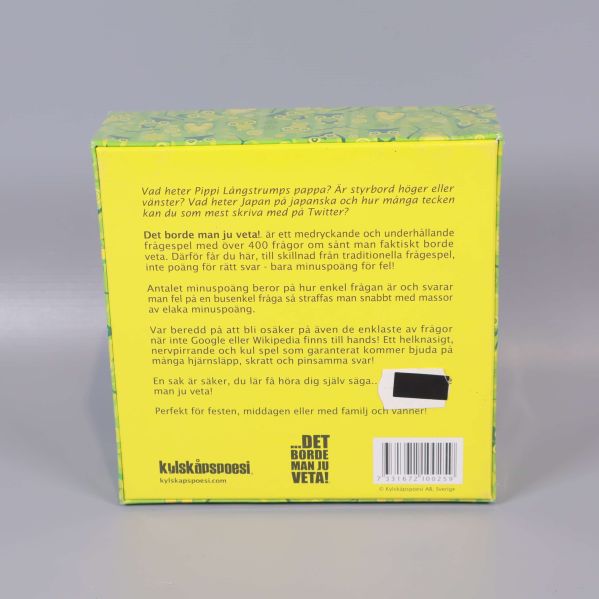 Baksidan av sällskapsspelet med beskrivning och logotyp