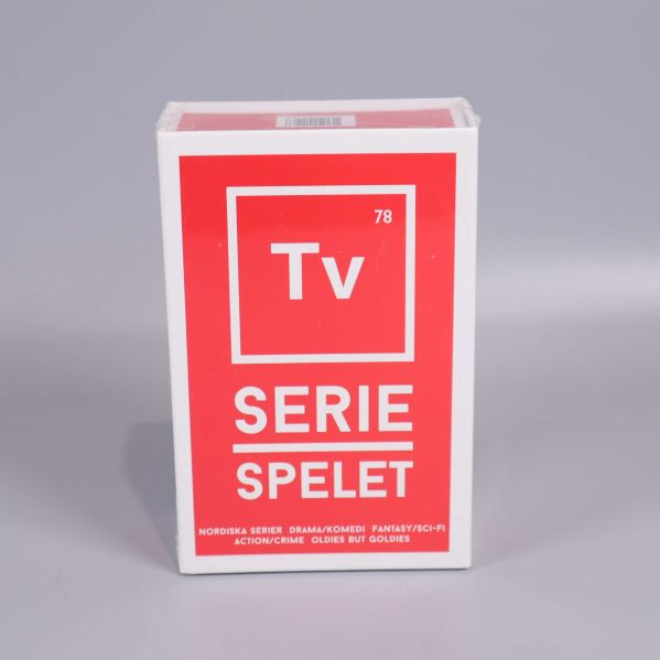 Framsidan av röd och vit box med texten Tv seriespelet