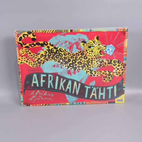 Framsida av brädspelet Afrikas stjärna med färgglad gepard